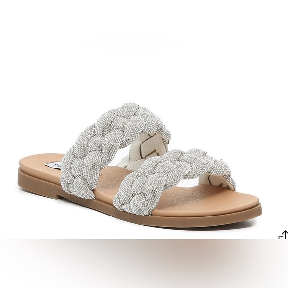 Steve Madden Dolay Silver Sparkly Gem Stone Bling Rope Slip On Flat Sandals Sz 8 - Picture 1 of 16